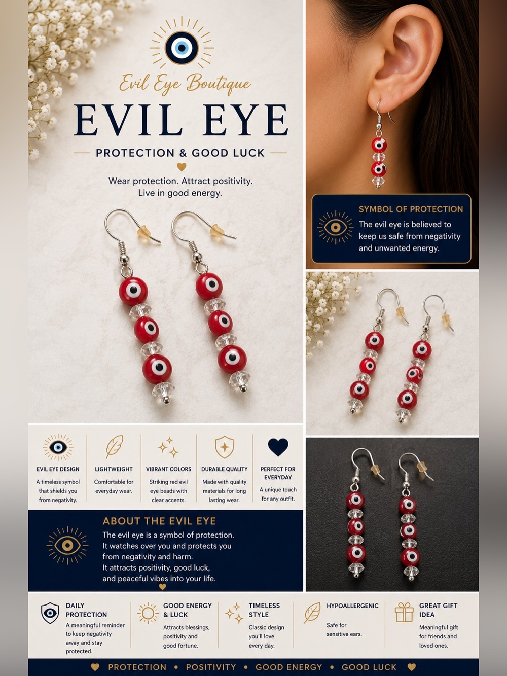 Evil Eye Red Bead Drop Earrings by